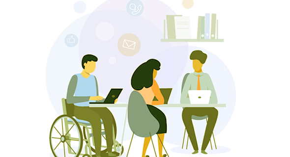 장애인이 교육장에 나와 컴퓨터로 교육을 듣는 이미지