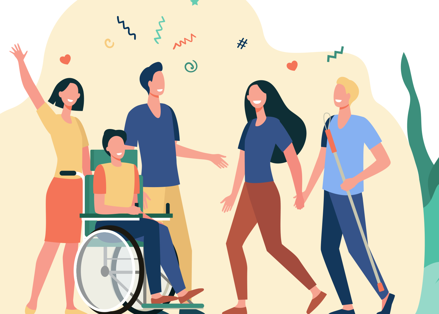 장애인과 함께 웃고 있는 사람들 비주얼 이미지