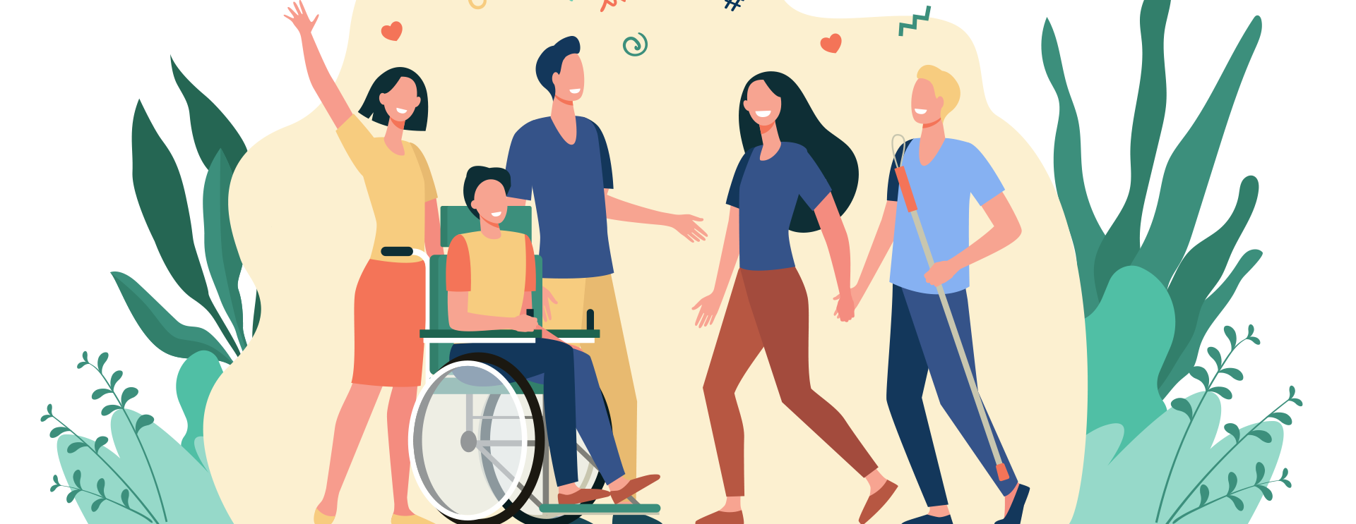 장애인과 함께 웃고 있는 사람들 비주얼 이미지