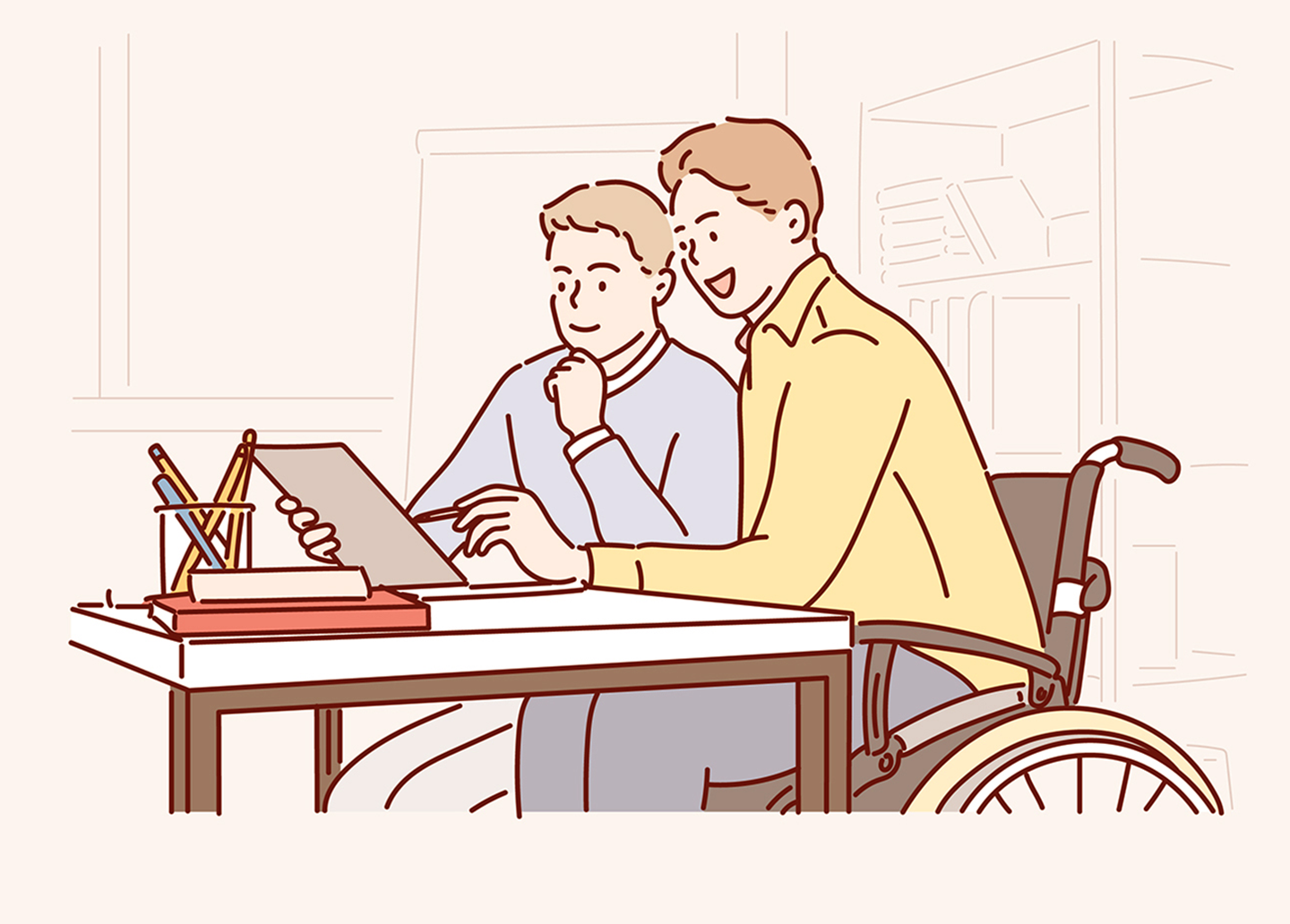 장애인과 업무를 하고 있는 두 사람의 비주얼 이미지