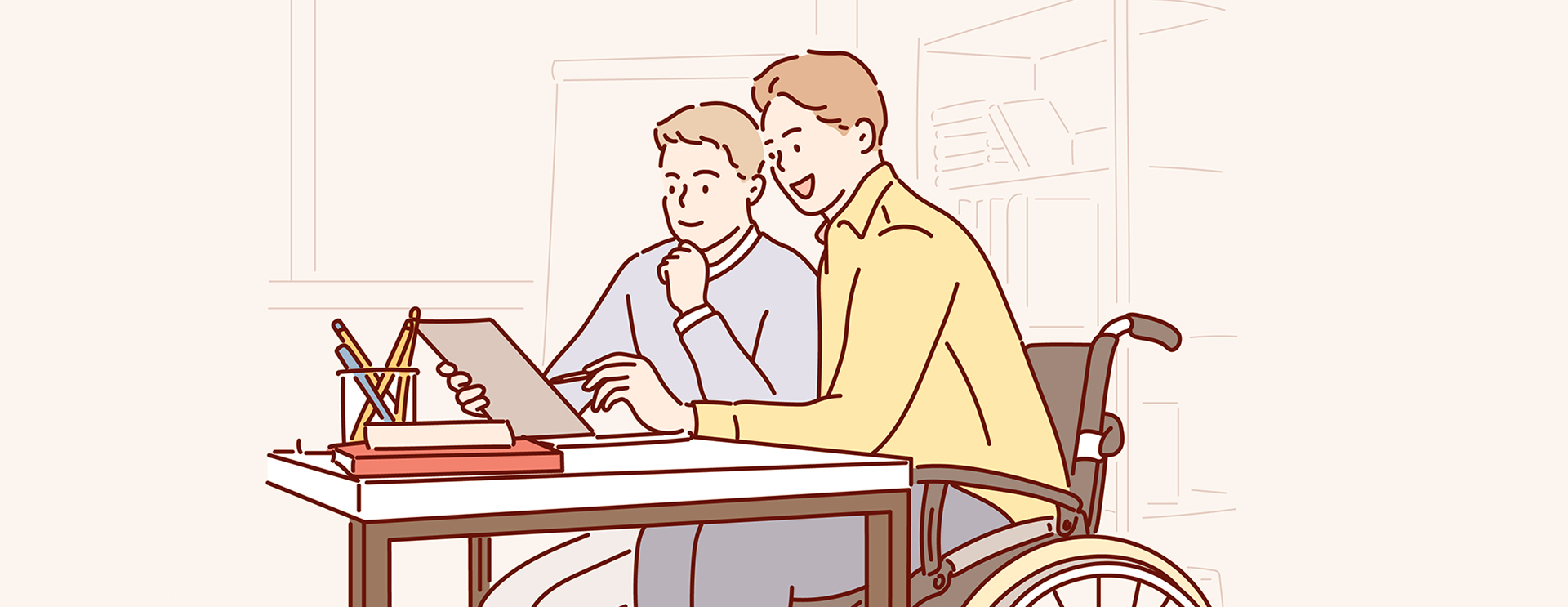 장애인과 업무를 하고 있는 두 사람의 비주얼 이미지